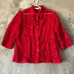 White Stag Red Blouse Size M Sheer 3/4 Sleeves Special Occasion Artsy Button Up